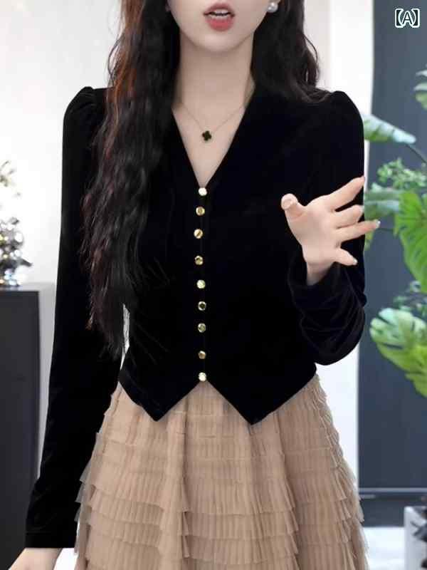 レディース トップス オシャレ 春 杭 州 高級 シルク シャツ レディース ゴールド ベルベット 長袖 202..