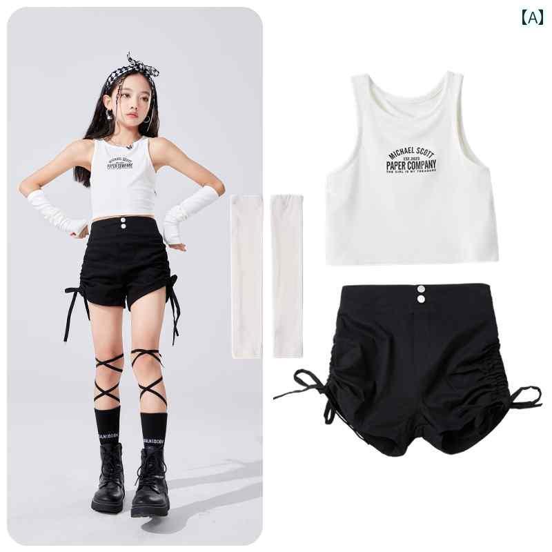 セットアップ キッズ おしゃれ 女の子用 ジャズ ダンス 衣装 ジャズの へそ 出し スーツ 子供用 ストリ..