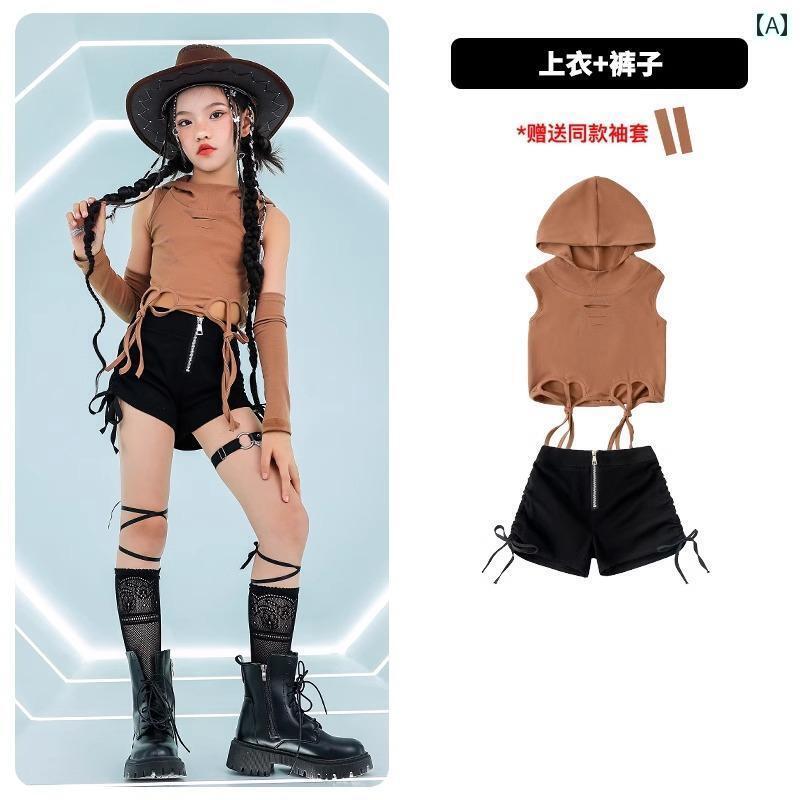 ダンス衣装 セットアップ 女の子 ジャズ ダンス スーツ 破れた リボン へそ 出し トップ 子供用 ヒップ..