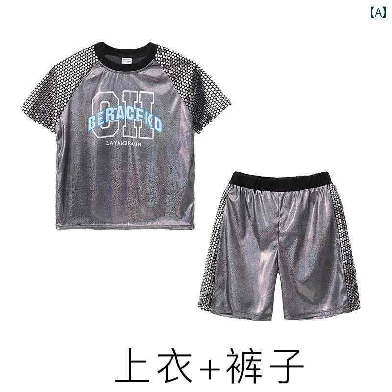 ダンス衣装 セットアップ ワイドパンツ 男の子用 ドラム セット パフォーマンス 衣装 子供用 ギター 女の子用 ストリート ダンス バンド ファッション 服 シルバー 半袖