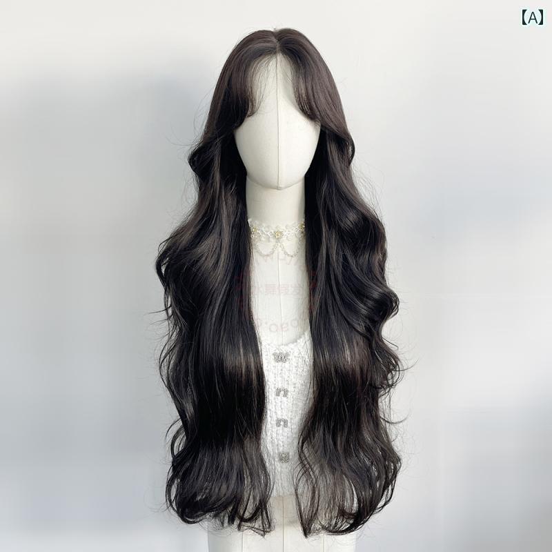 ウィッグ ロング ロングヘア レース ウィッグ 85 cm ミドル パート 黒 髪 ロング カール ヘア 8 文字 前髪 手編み 韓国 ビッグウェーブ 女性 フル ヘッド カバー