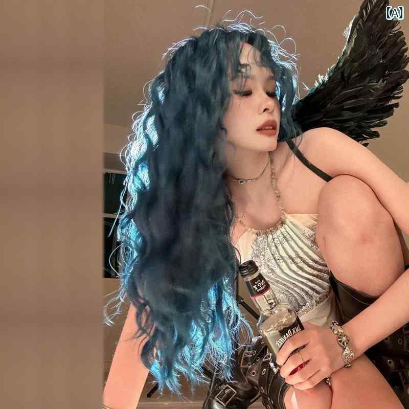 フルウィッグ かわいい ロング ウール 巻き 毛 ウィッグ ブルーの ミドル パートの 長い 女性用 フル ヘッド カバー ビッグウェーブ ロリータ カラー Y2K デイリー コ スチューデント ヘア