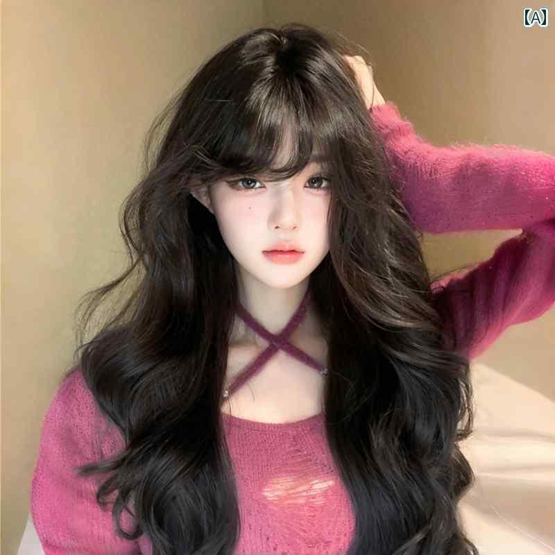 フルウィッグ かわいい ロング ファイバー 美容 ウィッグ 女性 毎日 黒 茶色 ロリータ 少女 ロング カーリーヘア ビッグウェーブ フル ヘッド カバー