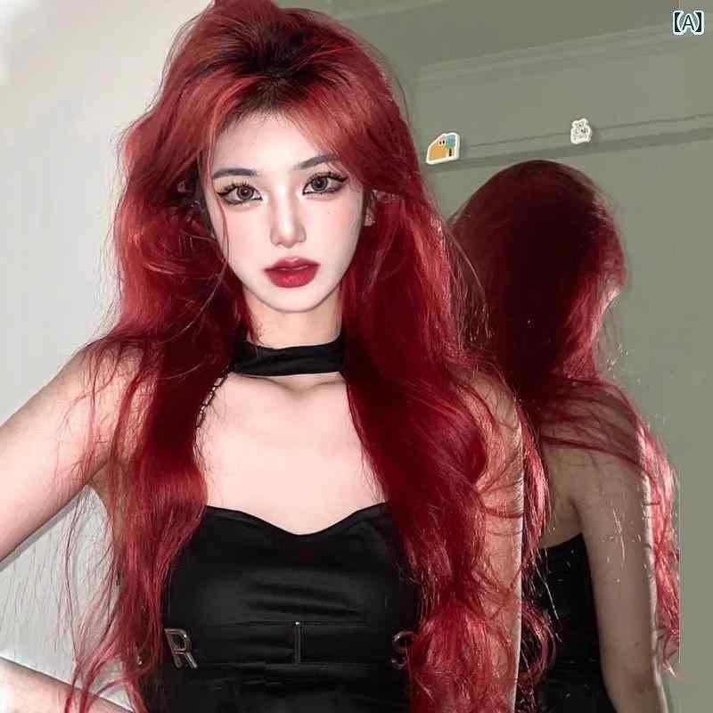 フルウィッグ かわいい ロング 女性用 ウィッグ ロング カール ヘア ワイン レッド ナチュラル フル ヘッド ローズ ネット ミドル パート バング ビッグウェーブ スーパー ナチュラルウィッグ