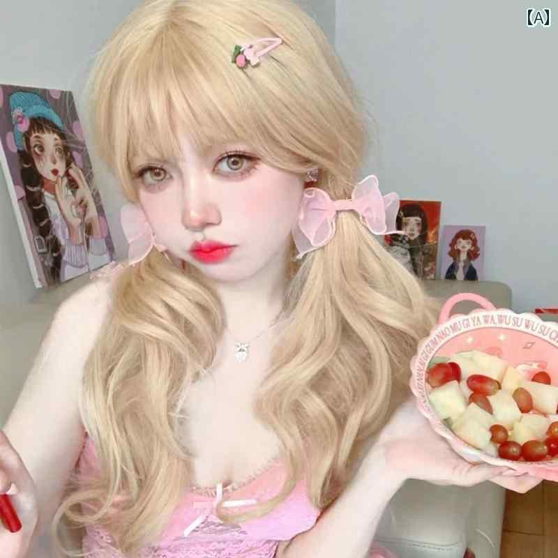 ウィッグ ロング レディース ウィッグの ナチュラルで リアルな ふわふわの 大きい ウェーブの 長い 巻き 毛 年の エア バングス フル ヘッド カバー スタイル