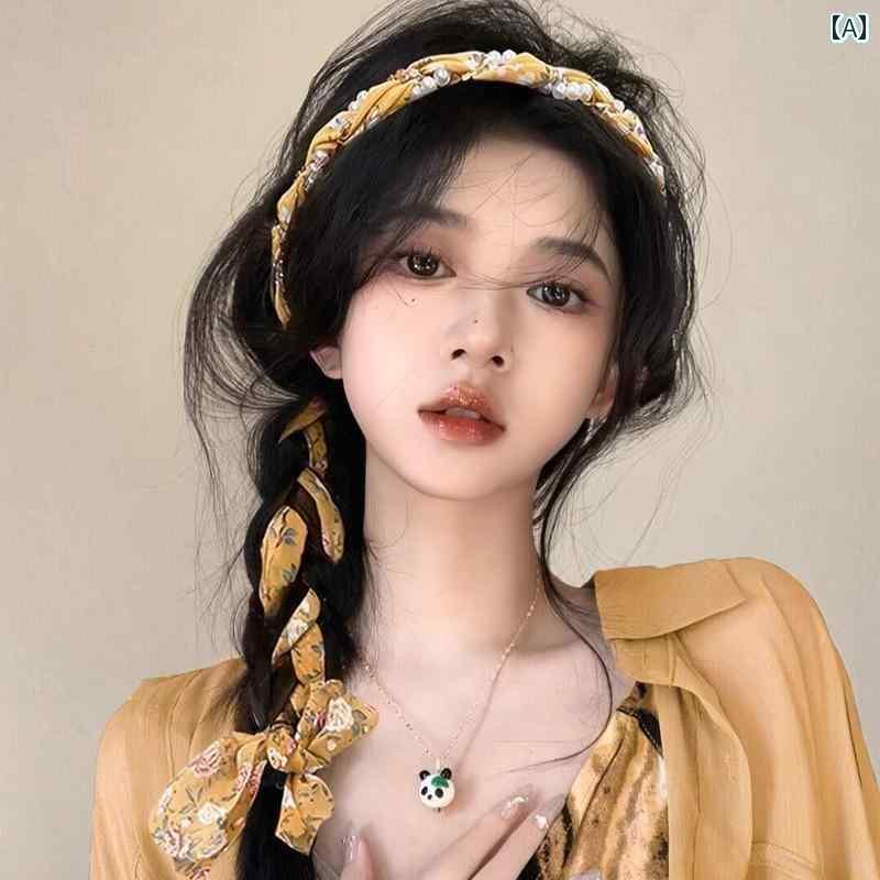 ターバン ヘアバンド レディース 女性用 花柄 ヘッド バンド新 スタイル 日常 着 夏用 シルクスカーフ ヘア タイ パールリボン バンド 編み込み アーティファクト ドレス