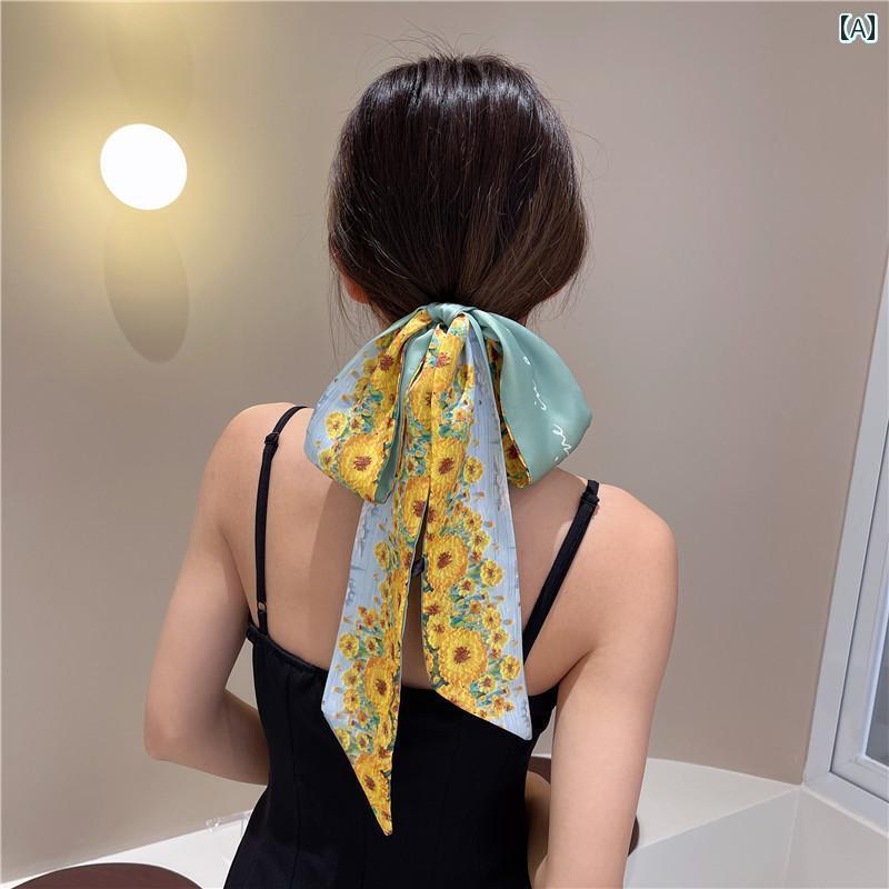 ターバン ヘアバンド レディース 夏の 美 白 アクセサリー フランスの レトロ 油絵の シルクスカーフ ヘッド バンド 装飾 スカーフ 結ばれた バッグ リボン 細く 細い 長い