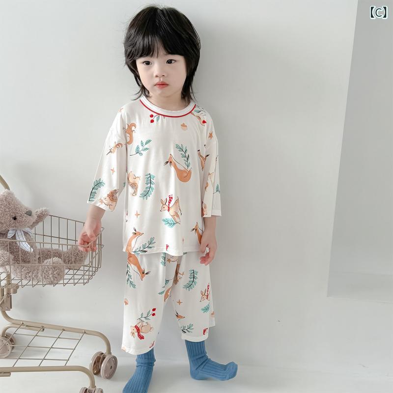 ホープのパジャマ キッズ 長袖 半袖 子供用 パジャマ 夏用 薄手 森林 風 ベビー ホーム 服 男の子と 女の子 七分袖 スーツ 空調｜アングル3