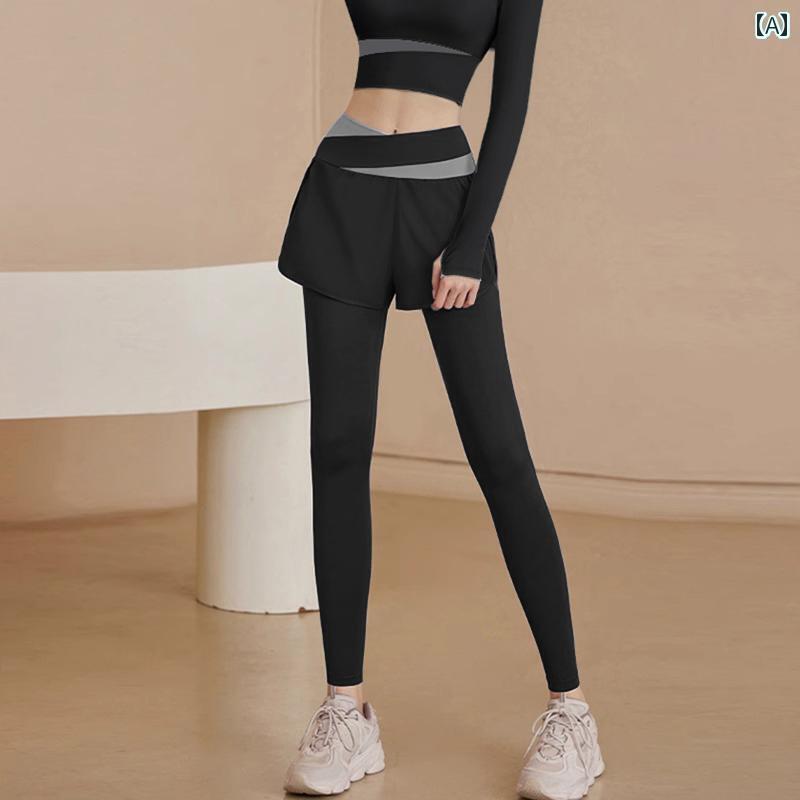 ヨガレギンス スポーツレギンス ヨガタイツ ピラティス 美しい ヨガ パンツ フェイク ツーピース フィットネスウェア プロ アウトドア ランニング スポーツ ハイウエスト ヒップ カバー ワイド フィットネス