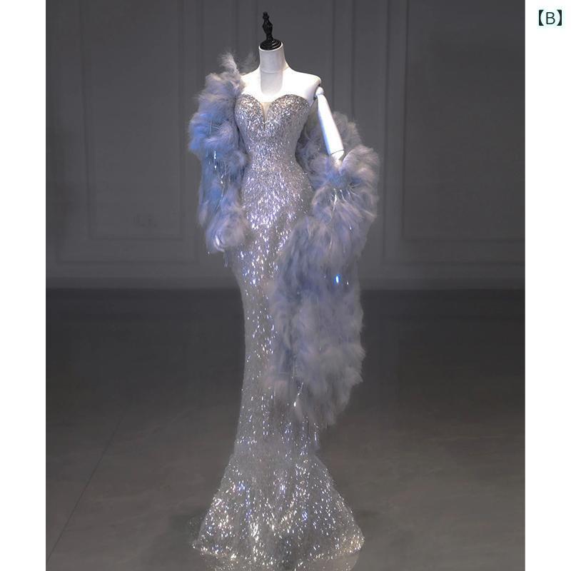 パーティードレス ロングワンピース ドレス シルバーの イブニングドレス 高級 感 財閥 令嬢の ディナー 年次 総会 フィッシュ テール スカート 婚約 花嫁の トースト ドレス 社交 界の