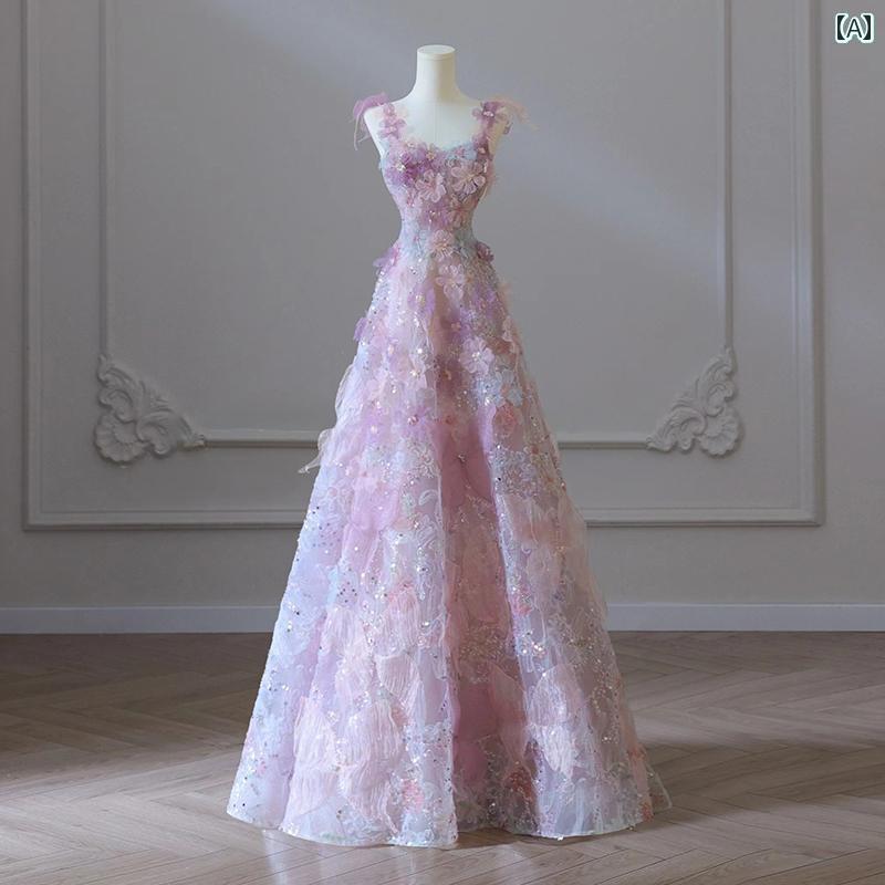 パーティードレス ドレスワンピース ロングワンピース 紫色の スリング ヘビーデューティー エンゲージ..