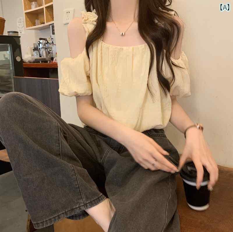 レディース トップス オシャレ 春夏のの 女性用 ピンクの 半袖 シャツ 高級 フレンチ 短い 鎖骨 ワンショルダー パフスリーブ シック トップス