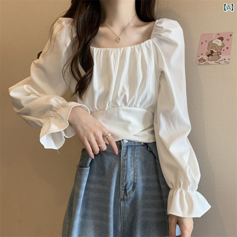 レディース トップス かわいい 春夏 春の レディース スクエアネック ショート トップス パフスリーブ フレンチ ロングスリーブ 美しい ウエスト 高級 ホワイト シャツ
