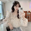 レディース トップス オシャレ 春夏 フランスの ドットの シフォンシャツ 夏のは で シック スクエアネックの パフスリーブの フェアリーの トップスで 優しくてです。