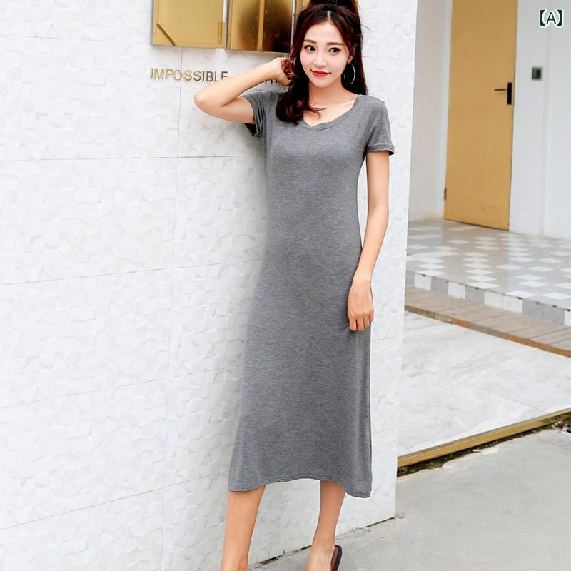 ワンピース シャツワンピ ロング マキシ マキシワンピース ワンピース シャツワンピ ロング マキシ マキシワンピース 春夏 半袖 ワンピース 女性 Vネック ボトム スカート スリム モダール ロング アウター aライン 大きいサイズ