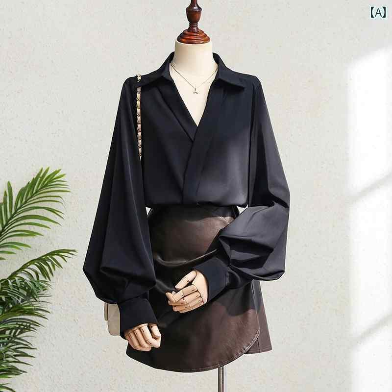 シャツ トップス フリルブラウス ランタン袖 体型カバー レース 通勤 黒 長袖 Vネック シャツ レディース 秋 ランタン スリーブ シック レトロ トップ