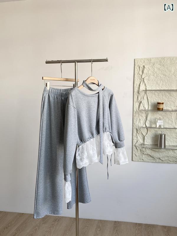 セットアップ ルームウェア ワンピース スウェット かわいい 2025 春の カジュアル スタイル 斜め 肩 スプライス レース スウェットシャツ ワイド バンドな パンツ レディース