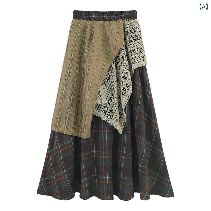スカート ロングスカート マキシスカート ベイカースカート ロング 2025 レトロ スカート レディース 春 不規則 aライン チェック 柄 レース スプライシング ハイウエスト スリム ロング