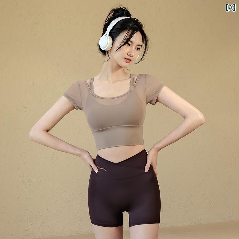 ヨガウェア ヨガパンツ ヨガ 胸 パッド 付き ヨガ 服 レディース 夏 ピラティス トレーニング フィットネス ジャケット スーツ スポーツ 半袖 Tシャツ