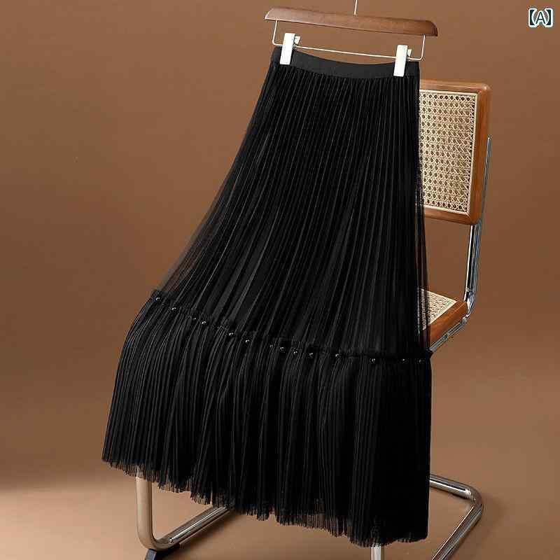 スカート プリーツスカート ショートスカート 高級 両面 ビーズ メッシュ スカート レディース 春秋 プリーツスカート ミドル 丈 ゴム ウエスト