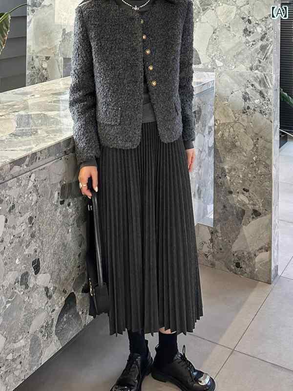 レディース レディース 2025 春秋 厚手 プリーツスカート ハーフ 丈 スカート 女性 通勤 万能 ハイウエスト 小さい サイズ ミドル