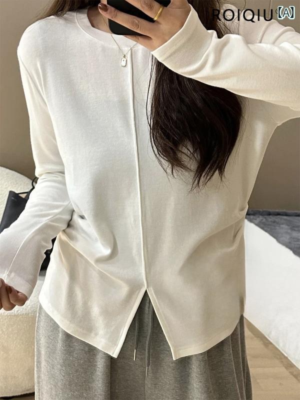 T-Shirts - レディース トップス ミディ丈 ゆったり 大きめ サイズ 婦人服 2025 春秋 太った 女の子 裾の スリットが 細身に 見える ストレート ショルダー 長袖 Tシャツ レイヤリング シャツ トップ