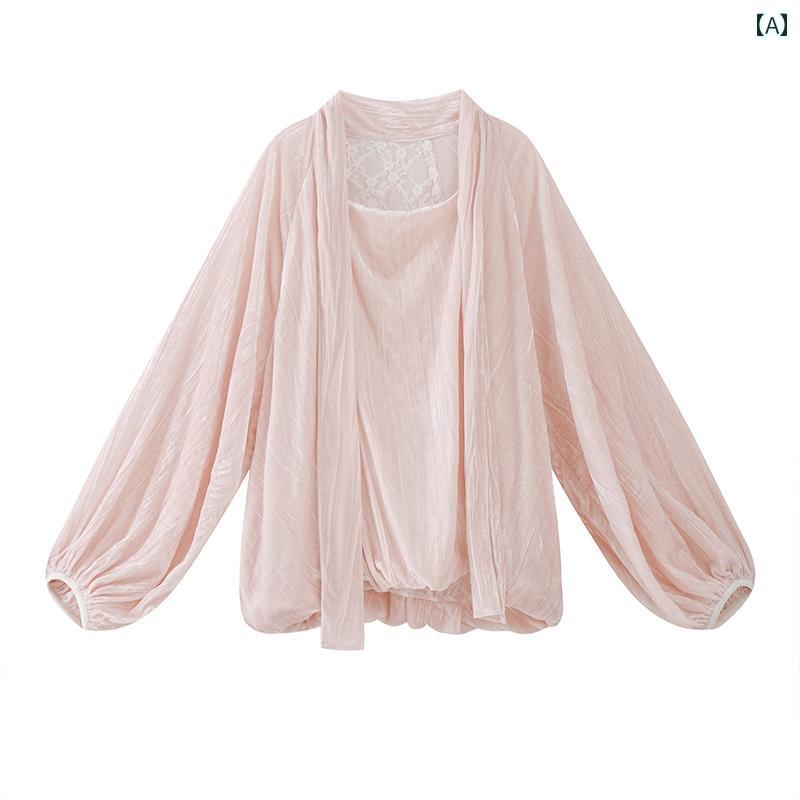 シャツ フリル レース パフスリーブ 細見え 袖 SoloCoucou 春雨の 芽 ゆったり スリム ランタン 長袖 ..