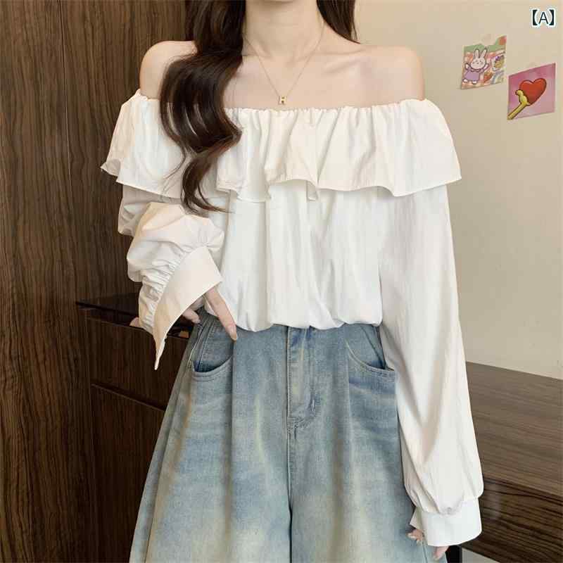 シャツ フリル レース パフスリーブ 細見え 袖 フレンチ ホワイト新 ショート ワンショルダー シャツ レディース 春 ゆったり フレア スリーブ ロングスリーブ ツーウェイ トップ(4)
