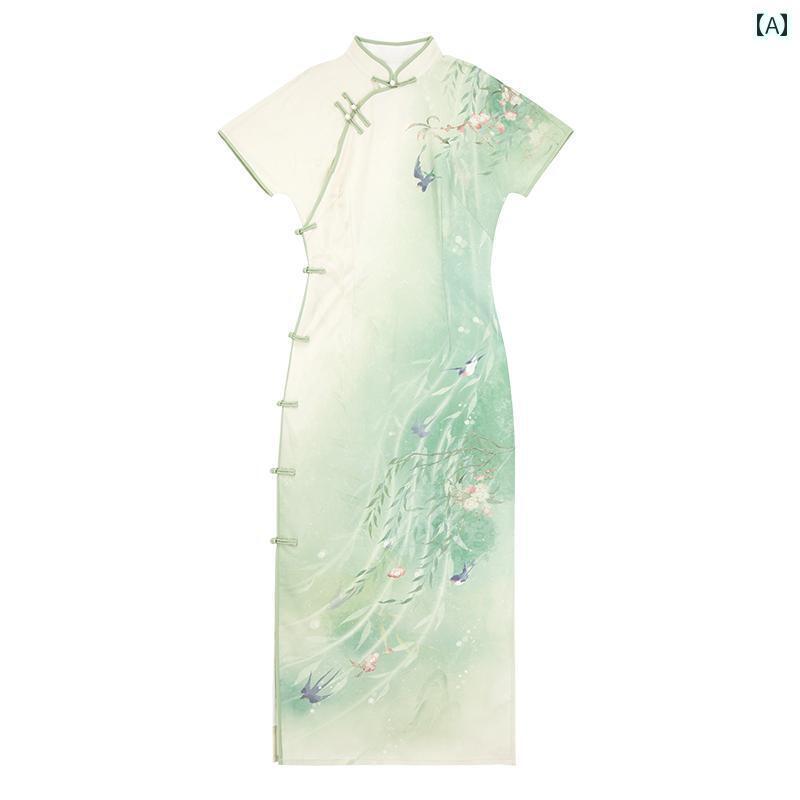 ドレスワンピース ロングスカート ドレス 春節の 半分の 休み 中華 プリントの ミドル 丈 チャイナ ドレス ウエスト スリミング 夏