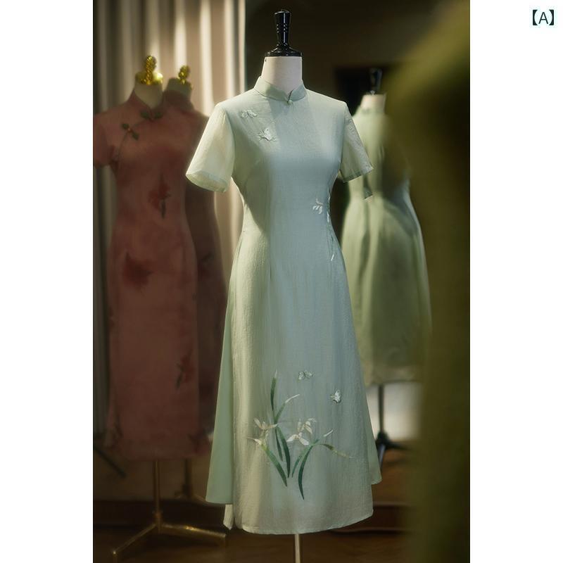 ドレスワンピース ロングスカート ドレス グリーン アオザイ チャイナ ドレス 夏の 2024 チャイナ風 中華 風 母親の ドレスで スリム