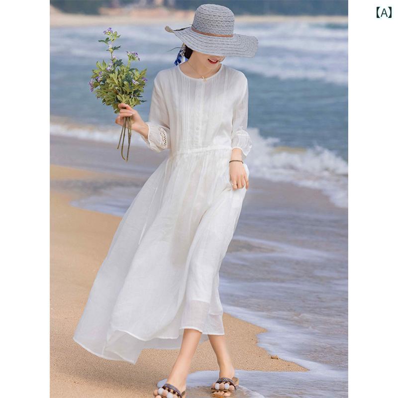 ワンピース シャツ 紫外線防止 春 七分袖 半袖 長袖 細見え 華奢見え 痩せ見えレディース 夏 夏用の 女性用 ダブルレイヤー コットンと リネンの 七分袖 ドレス ハイエンド ゆったり 薄手 ロング スイング エレガントな ビーチ