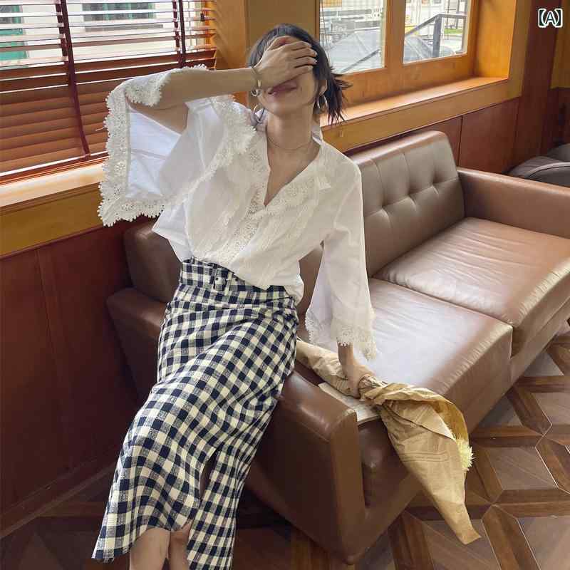 Aライン ギンガムチェック タータンチェック シャツ スカート 韓国 レトロ 絵柄が 楽しい 青と 白の チェック 柄 ラウンド ヘムの 語の ボタン 付き ストレート スカート