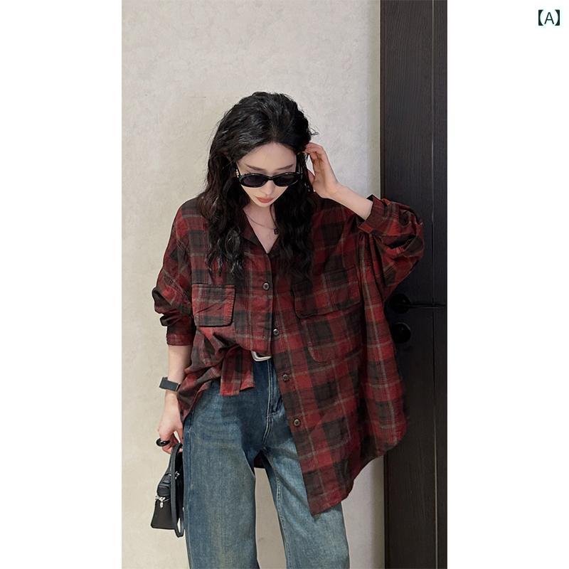 Aライン ギンガムチェック タータンチェック シャツ スカート 韓国 レトロ チェック 柄の 長袖 春 シャツ 女性用 2025 春の新 ゆったり 万能 レイヤリング トップ