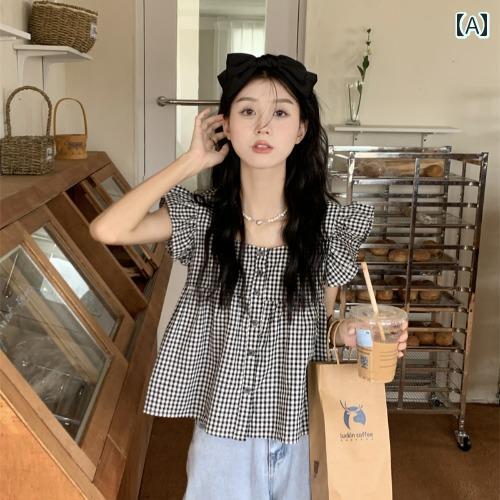 Aライン ギンガムチェック タータンチェック シャツ スカート 韓国 黒の チェック 柄 スクエアネックの 小さい フライング スリーブ シャツ レディース サマー ベビー ドール ゆったり シック ショート トップ