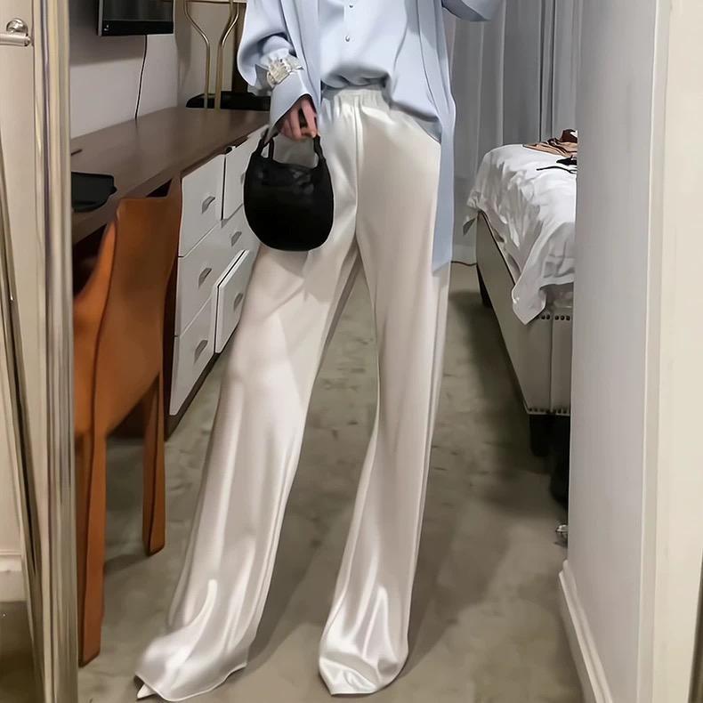 パンツ レディース ワイドパンツ の ホワイト アセテート サテン ワイド レッグ パンツ 春の 冷感 スト..