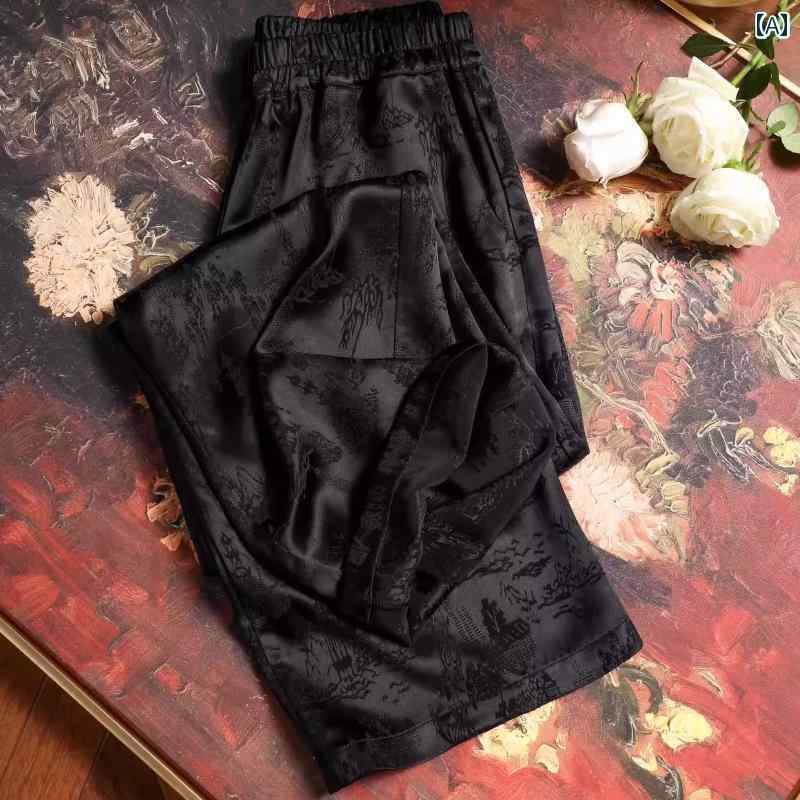 パンツ レディース ワイドパンツ ブラック ジャカード アセテート サテン ワイド レッグ パンツ レディース 2025 夏 伸縮性 ウエスト ゆったり ドレープ ストレート チャイナ風 カジュアル