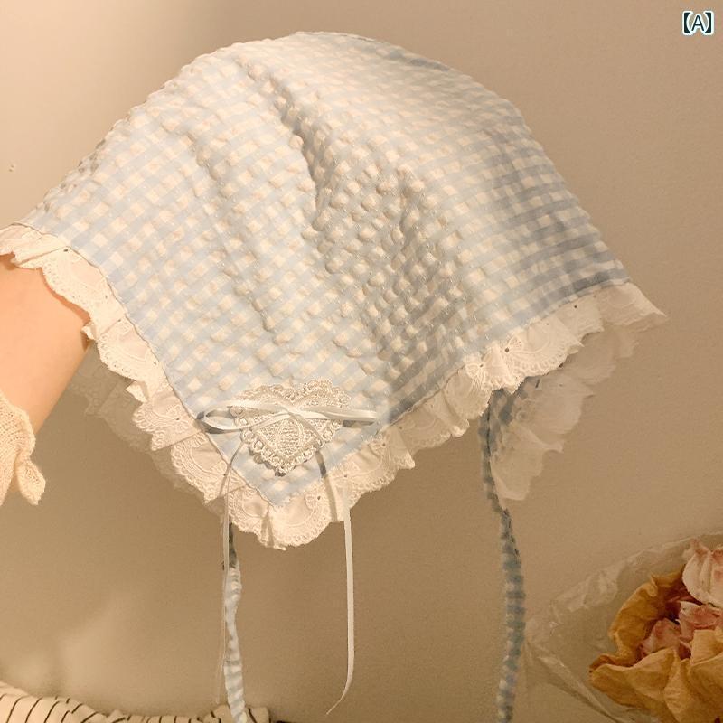 バンダナ おしゃれ レディース シーソルト ソーダ レース ブルー チェック 柄 ボウ ヘッド スカーフ ト..