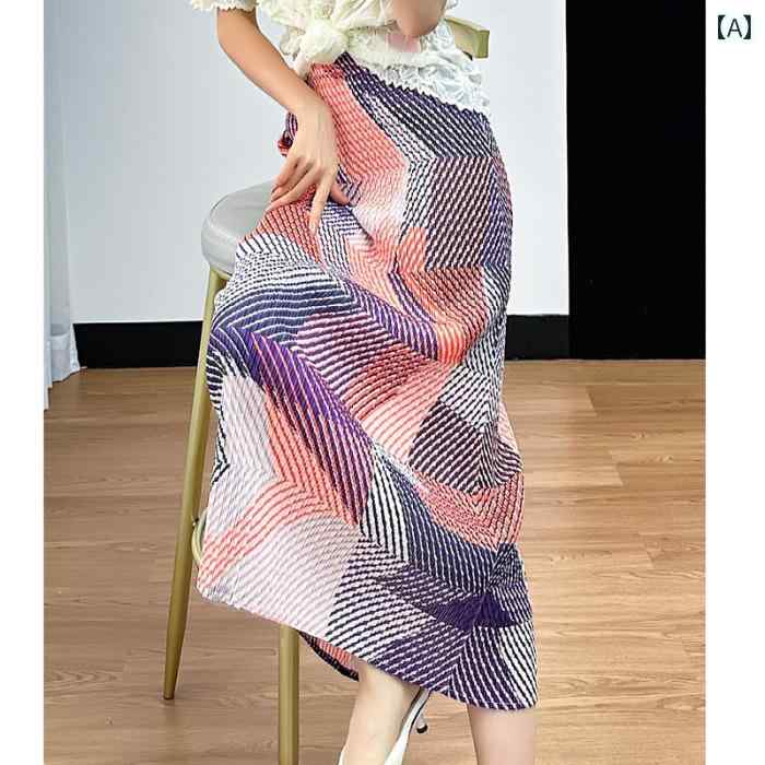 スカート 抜け感 スリット ミモレ ロング プリーツ 高見え スカート 抜け感 スリット ミモレ ロング プリーツ 高見え 冷感 プリーツ 幾何学 スカート レディース 夏 薄手 aライン ワンピース スプリット ドーパミン ビーチ(4)