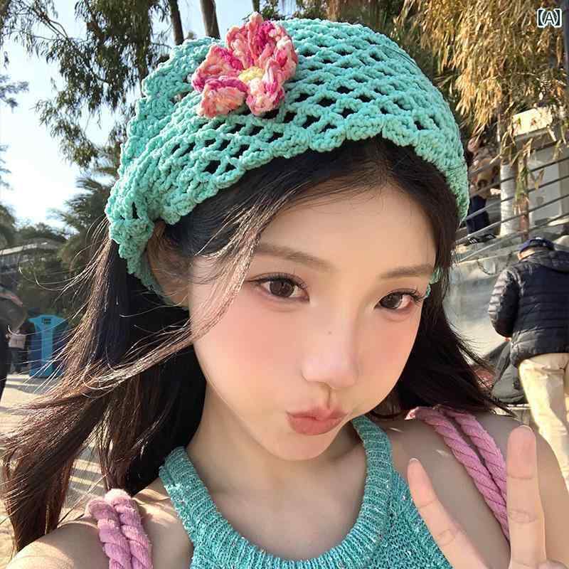 バンダナ おしゃれ レディース 春夏 ビーチでの レディース 田園 風の 立体的な 花の 青い 三角形の ヘ..