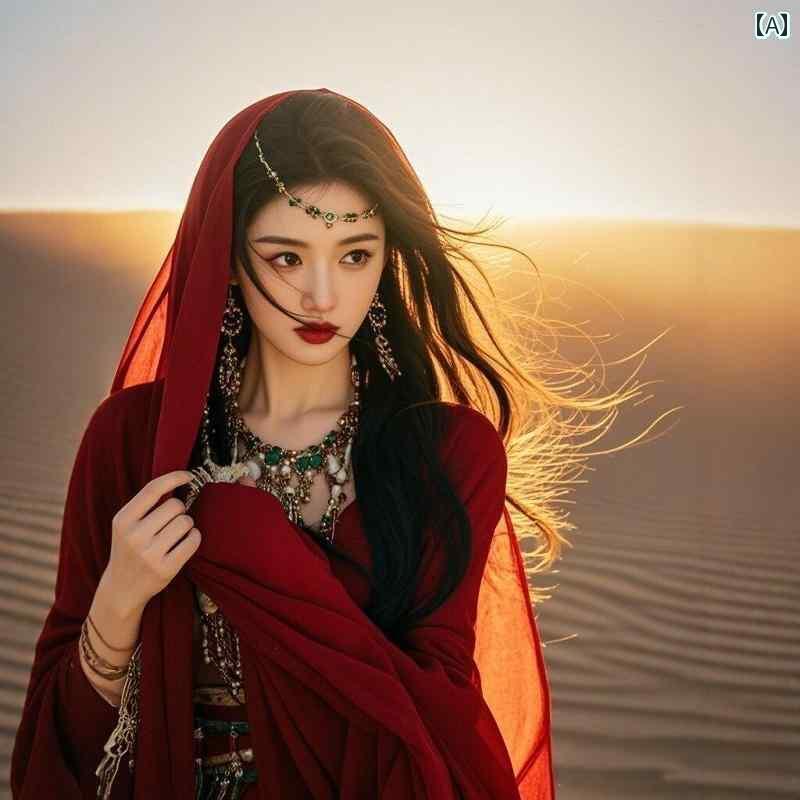 バンダナ おしゃれ レディース エジプトの 敦煌 砂漠の 旅行 写真 コットンと リネンの 赤い スカーフ ..