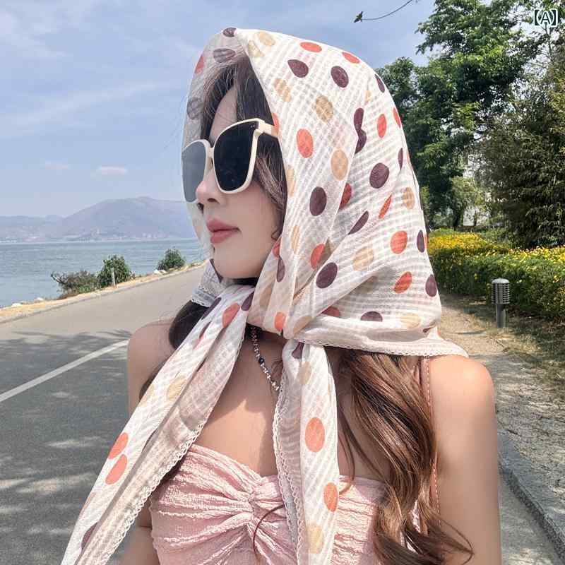 バンダナ おしゃれ レディース 2024夏 コットン＆ リネン スカーフ レディース 春秋 水玉 90 x 小さい ..