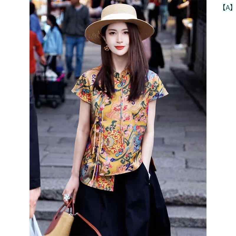 レディース トップス ワンピース チャイナ風 婦人服 2025 小さい シャツ 半袖 プリント ボタン 付き スタンドカラー トップ(4)