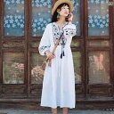 ワンピース ロングワンピ シフォンワンピ パフスリーブ フレアワンピース 春夏 半袖 長袖 女性用 民族 風 コットン& リネン ドレス 休暇 旅行 日焼け防止 長袖 ミディアム 丈 スカート 文学 刺繍 ウエスト ロング