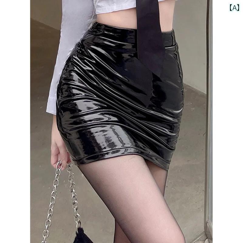 レディース スカート 光沢の ある 黒の レザースカート ヒップ スカート 女性 2025 春 ハイウエスト 魅惑的 スリム ホット ガール aライン ショート