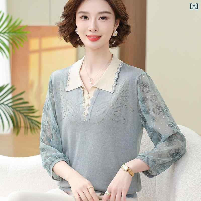 シニアファッション レディース トップス 2025年 ママ ファッション 春 ガーゼ 袖 ニット セーター 女性 服 七分袖 薄手 Tシャツ