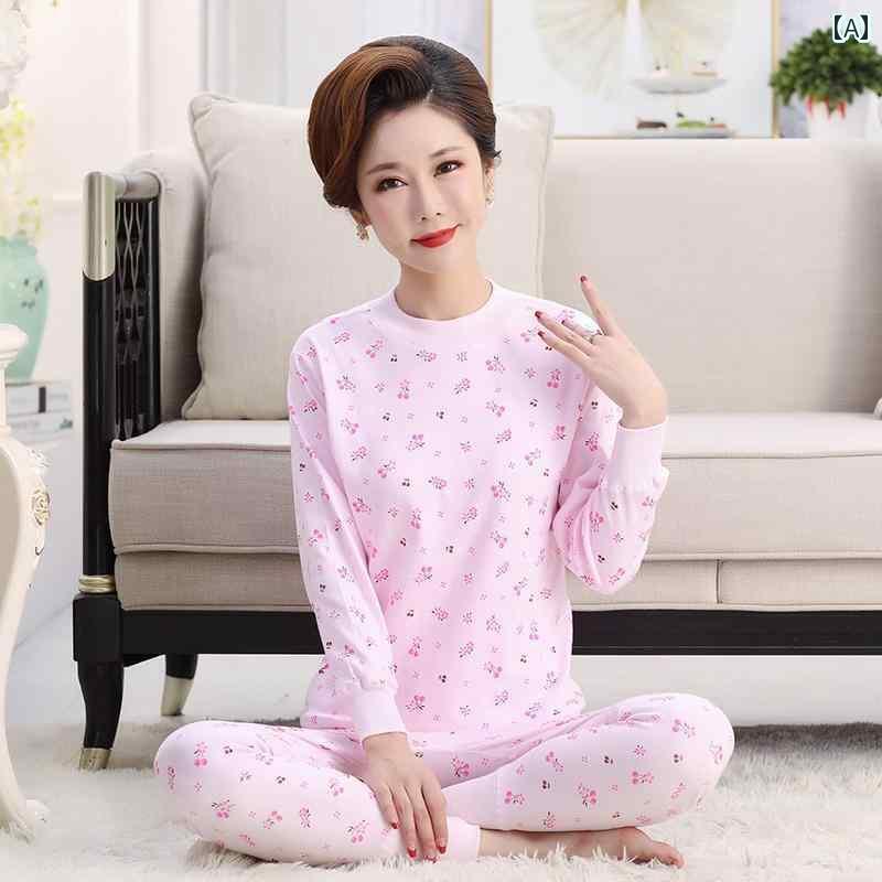 シニアファッション レディース トップス 100 % コットンの 秋服と 秋用 ズボン 女性用 保温 下着 セット 向け 綿 ゆったり レイヤリング シャツと