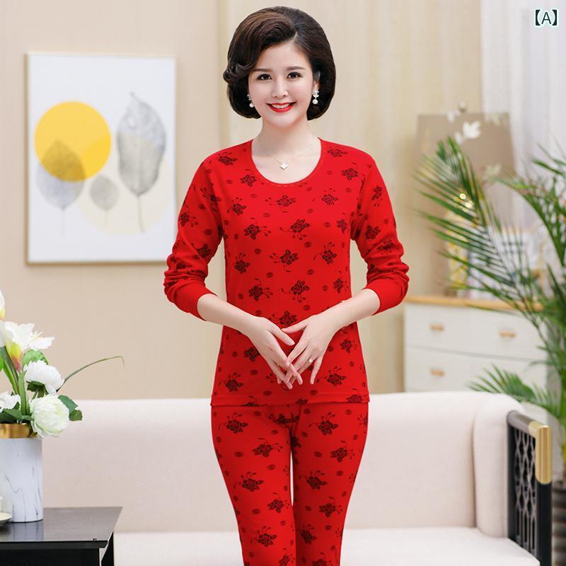 シニアファッション レディース トップス の 女性と 母親の 干支の 秋服と ズボンの スーツ 赤い 綿の 中高 襟 セーターと ズボン