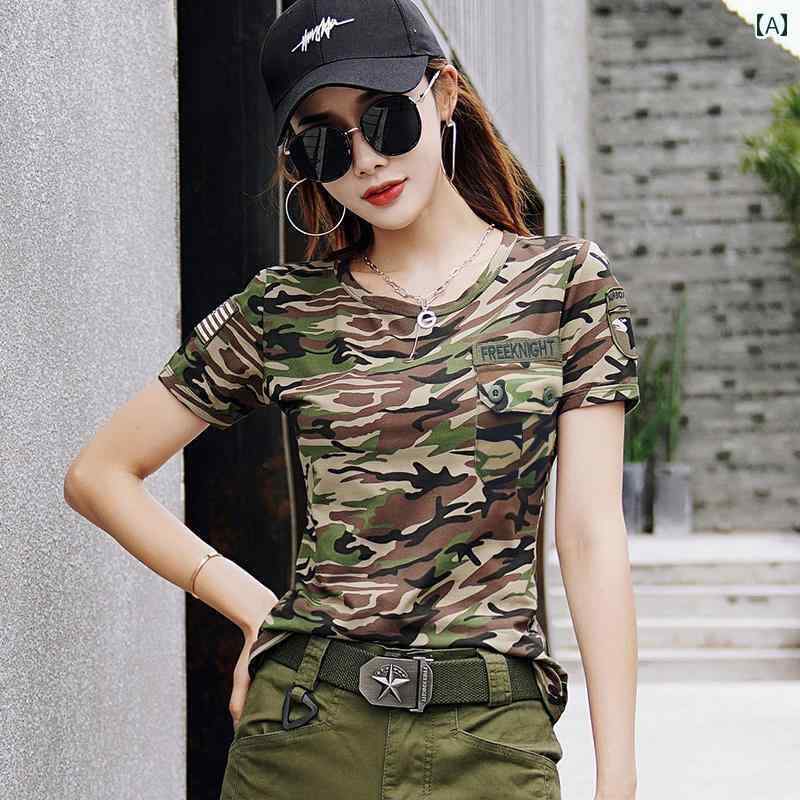 迷彩 カモ柄 パンツ 迷彩 Tシャツ レディース 半袖な 夏の ファッション スリム ワークウェア ミリタリー グリーン カジュアル セーラー ダンス 半袖 ト...