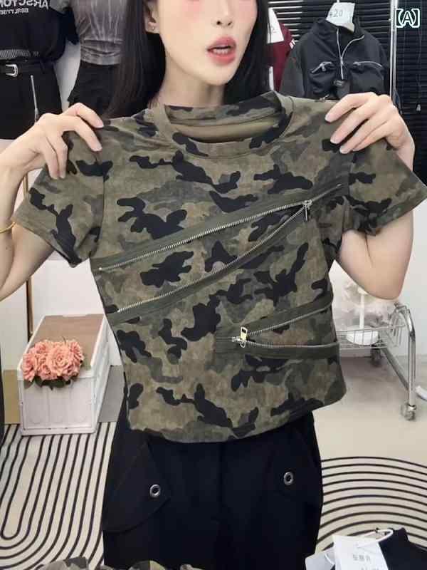 迷彩 カモ柄 パンツ 2025夏 迷彩 アメリカン レトロ 半袖 Tシャツ レディース ベース シャツ トップス カジュアル