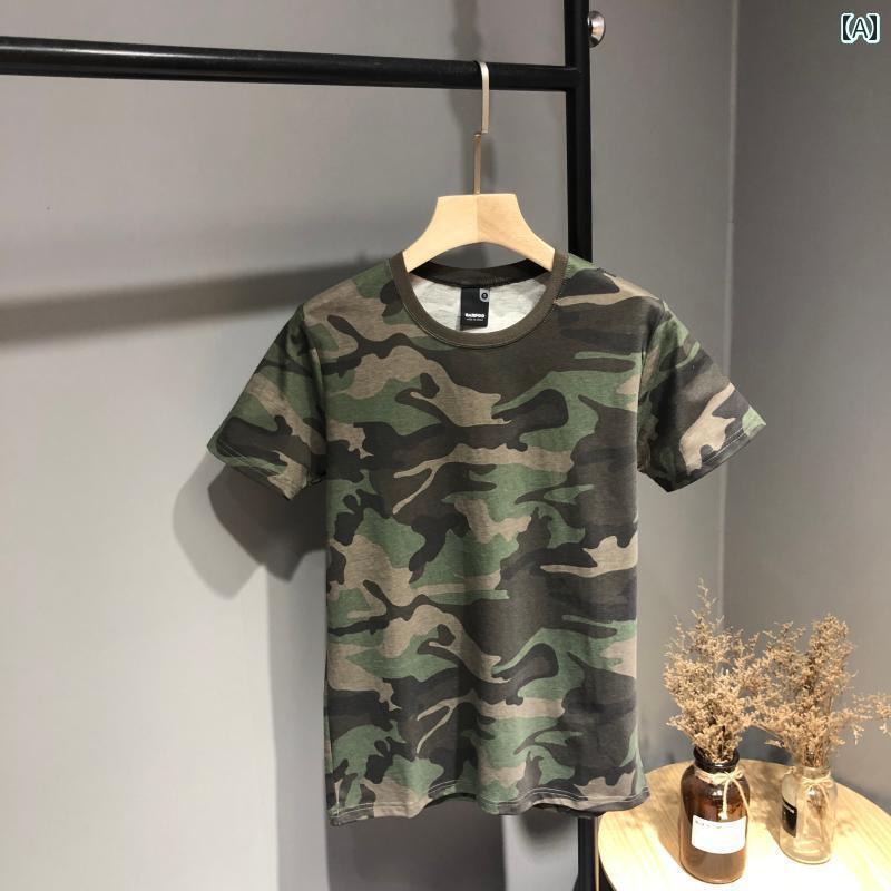 迷彩 カモ柄 パンツ クラシック ミリタリースタイル 夏の メンズ ラウンドネック 万能 コットン カジュ..